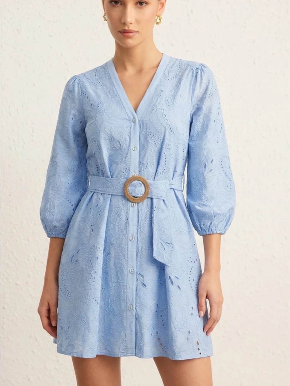 Zara Light Blue Eyelet Button-Front Mini Dress with Belt